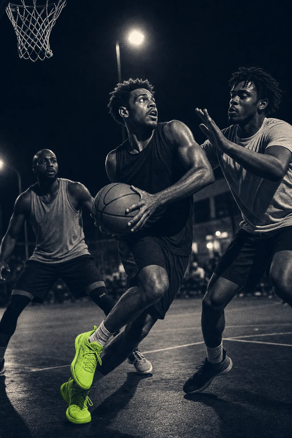 Basquetebol de rua três-contra-três sob holofotes à noite
